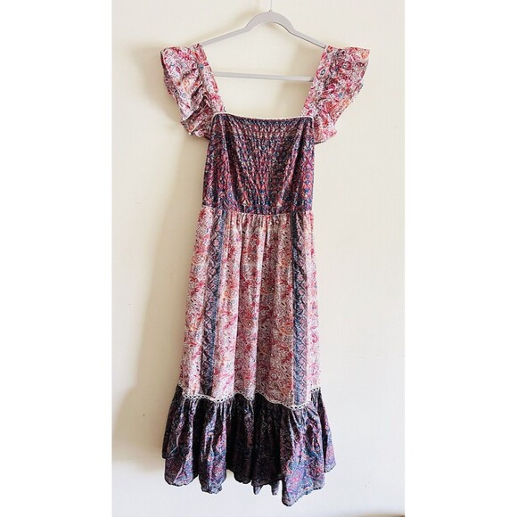 Haute Hippie Maxi Dress Boho Flutter Sleeve Cotton Flounce‎ Hem Floral Sz 12 - Picture 1 of 6